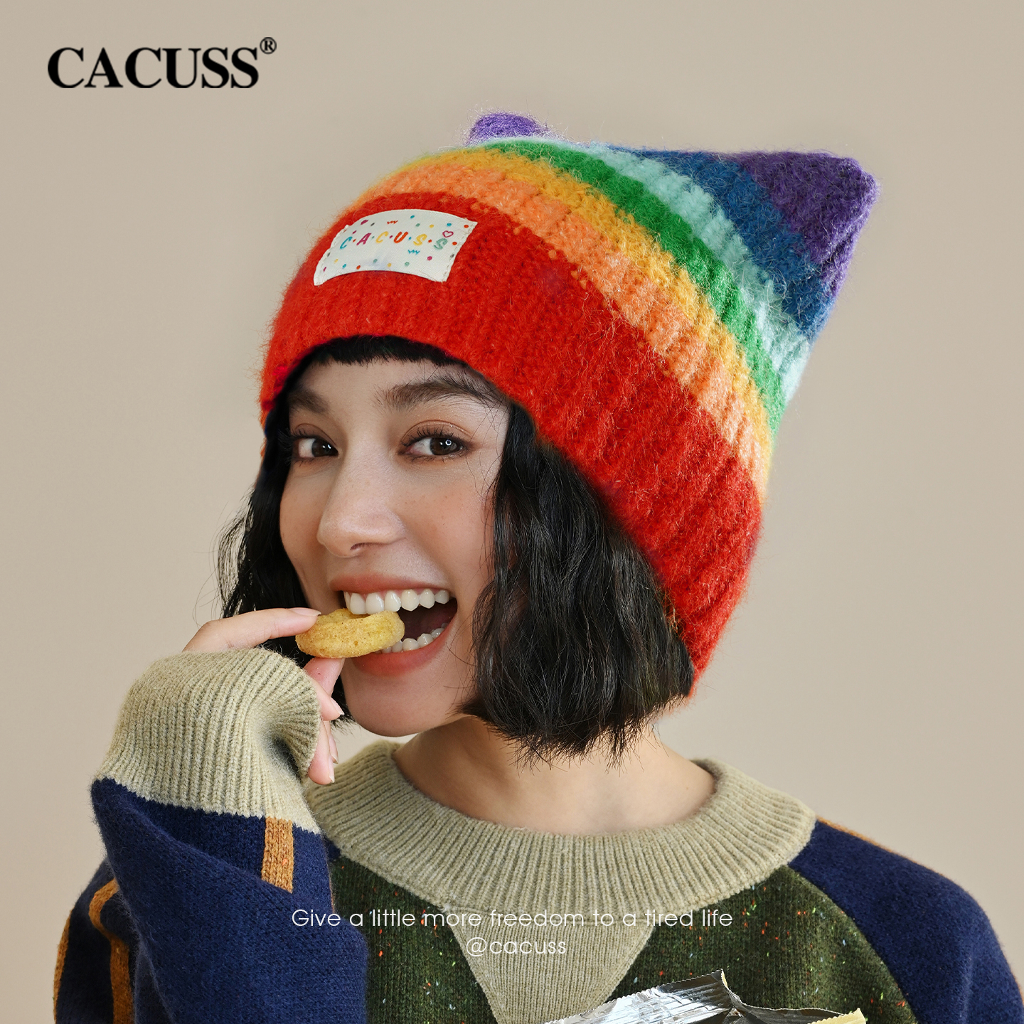 CACUSS冬季保暖彩虹条纹针织帽女