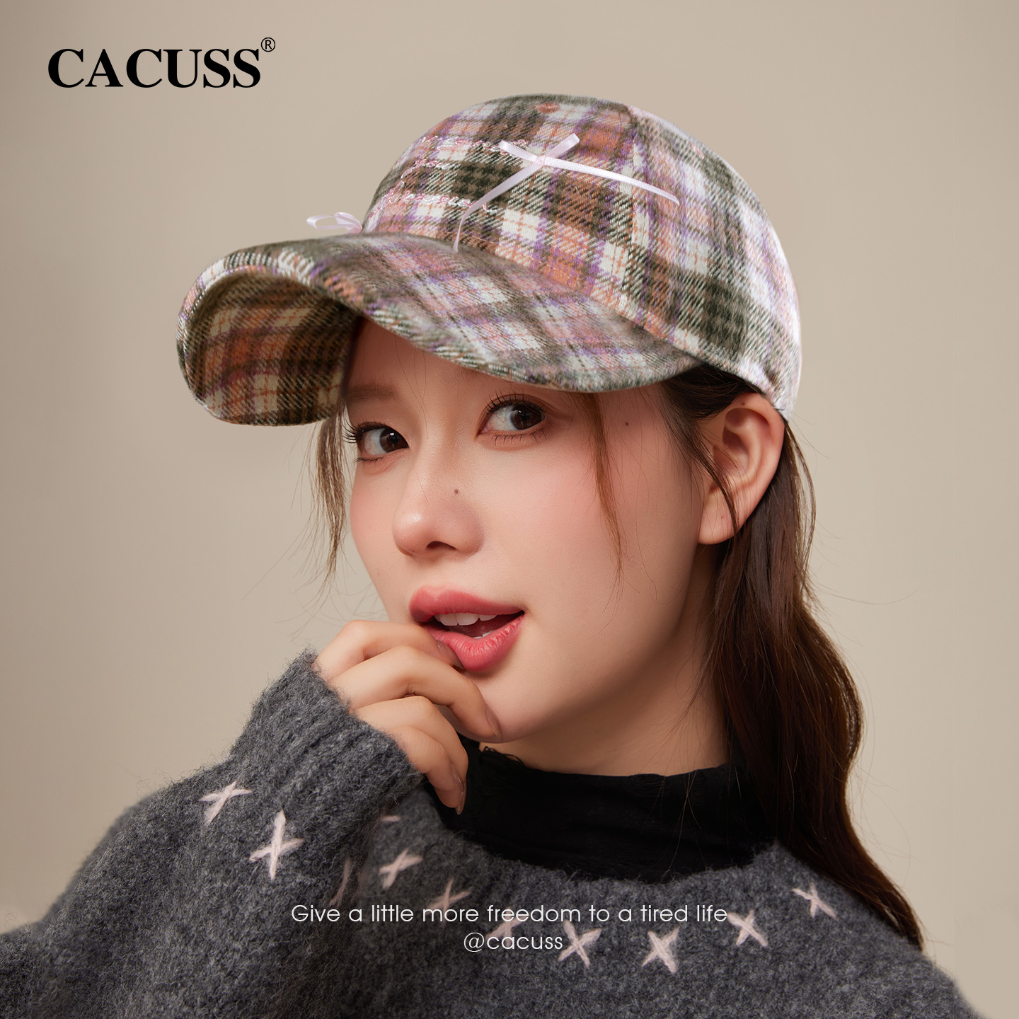 CACUSS秋冬复古格子加厚棒球帽女