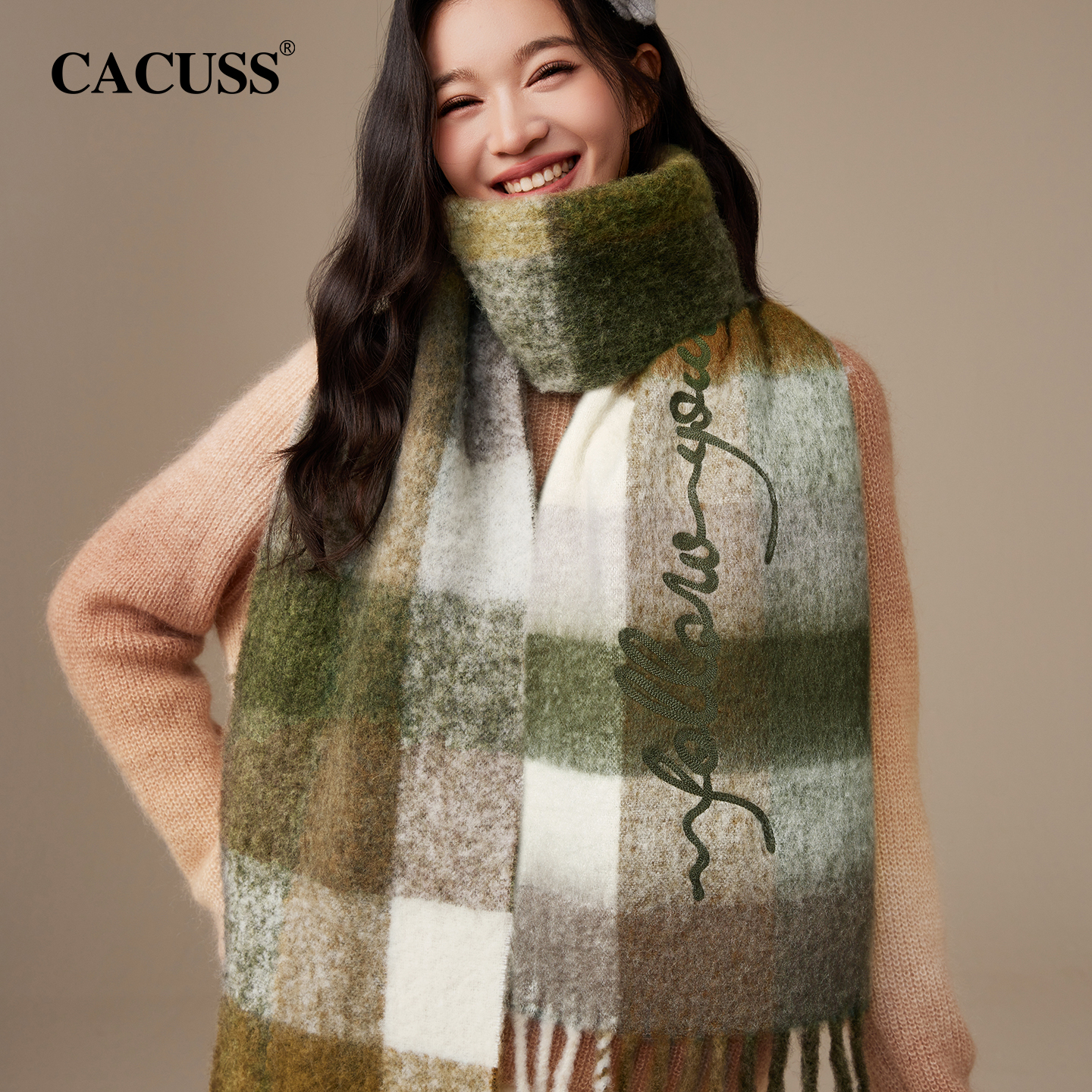 CACUSS冬季保暖羊毛格子围巾女士