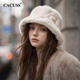 CACUSS仿水貂毛绒渔夫帽女款冬季加厚保暖显脸小盆帽东北防寒帽子