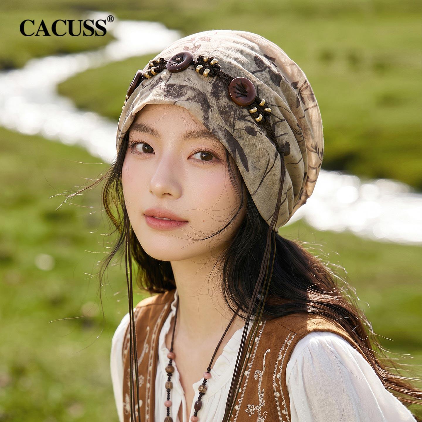 CACUSS民族风套头帽子女夏季冷帽透气网纱提花包头帽慵懒感堆堆帽