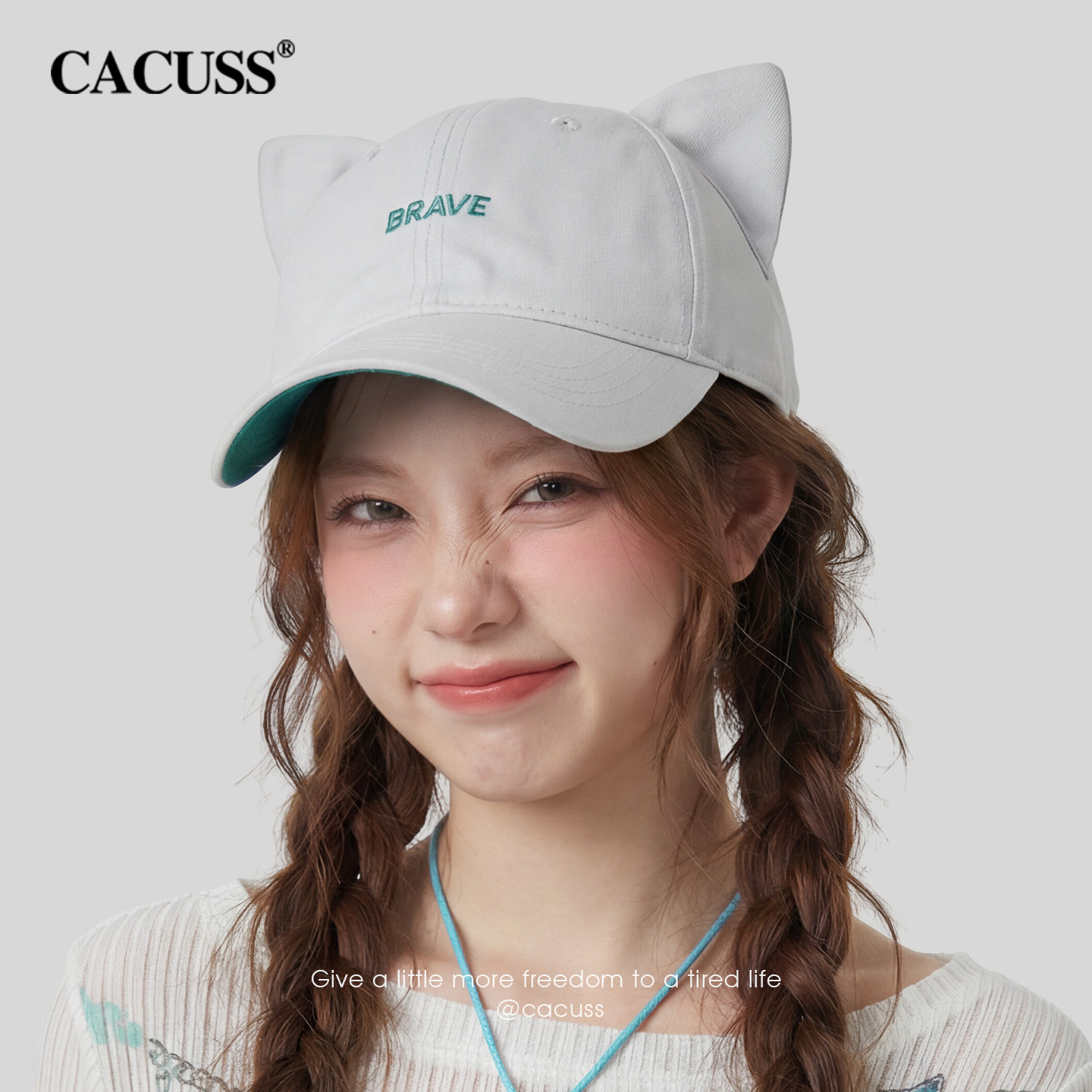 CACUSS可爱猫耳鸭舌帽子女春季新款纯棉软顶棒球帽百搭撞色显脸小