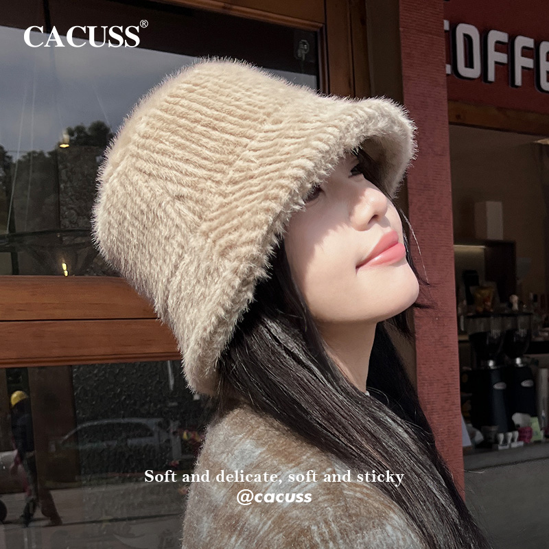 CACUSS帽子女秋冬季毛绒渔夫帽显脸小加厚保暖时尚护耳冷帽盆帽女