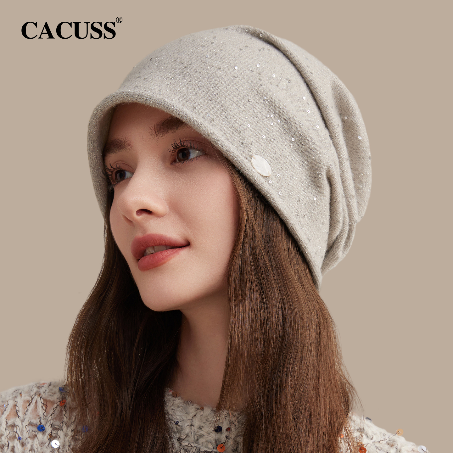 CACUSS女秋季时尚亮片针织堆堆帽