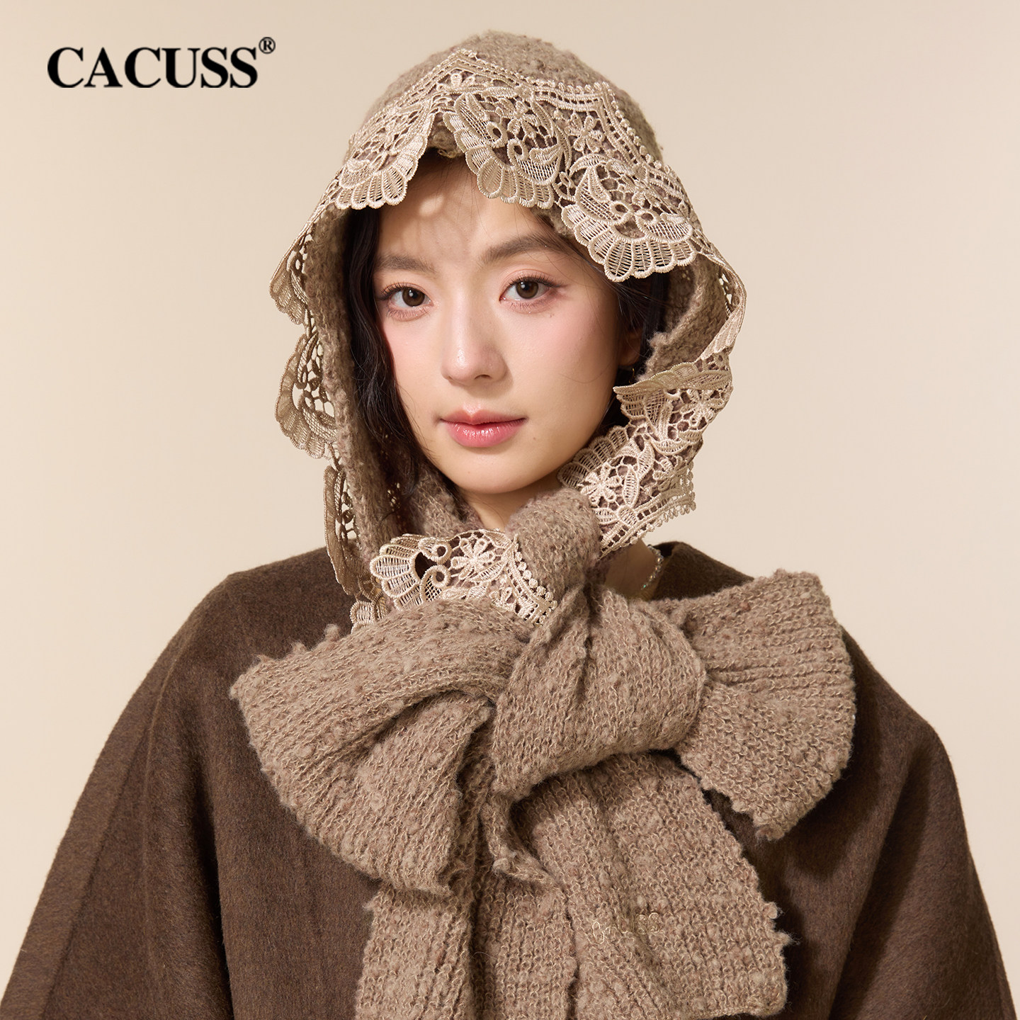 CACUSS帽子围巾一体女士秋冬蕾丝花边复古针织帽保暖连帽毛线围巾