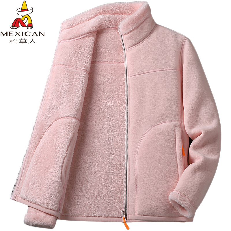 稻草人抓绒衣女秋冬加绒加厚羊羔绒双面穿保暖卫衣珊瑚绒外套男潮
