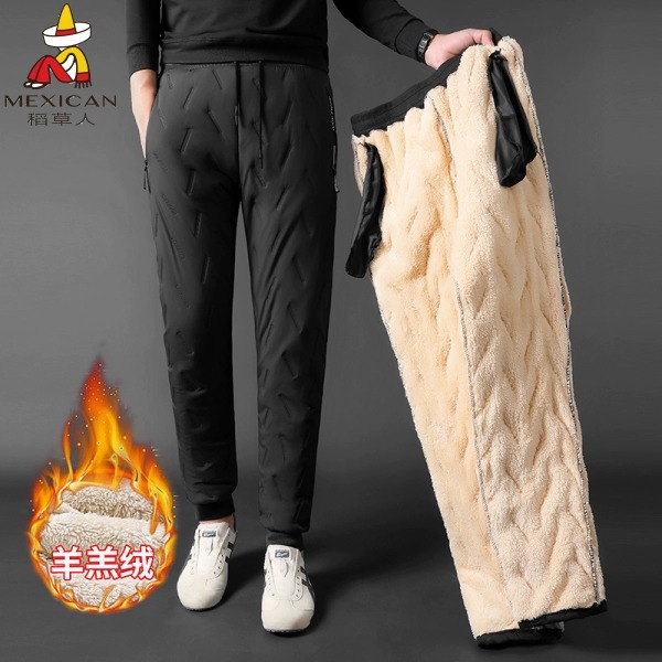 稻草人冬季加绒加厚保暖冲锋棉裤男防风防水裤子女大码羊羔绒长裤
