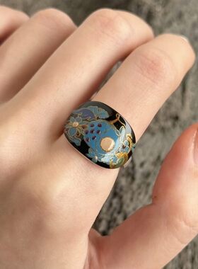 PURE新中式黑漆描金石榴花戒指女仿点翠大漆古典手绘清冷食指戒