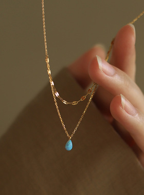 PURE日系小巧人造欧泊蓝水滴吊坠项链女细闪金链双层叠戴锁骨链