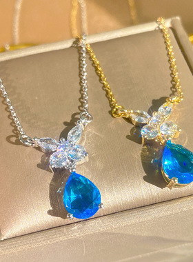 PURE新款蝴蝶天蓝色水滴吊坠项链女明媚海边度假风轻奢锁骨链精致