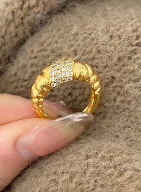 PURE意大利复古拉丝牛角包戒指Vintage中古风面包闪钻指环尾戒