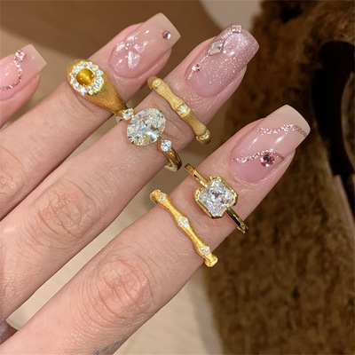 PURE中古风拉丝镶钻开口戒指