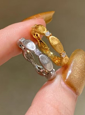 PURE意大利拉丝工艺间钻复古戒指小众设计轻奢中古锻造金戒指女