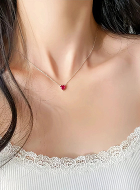 PURE简约mini爱心吊坠项链女桃心简约S925纯银镀14K金红锆锁骨链
