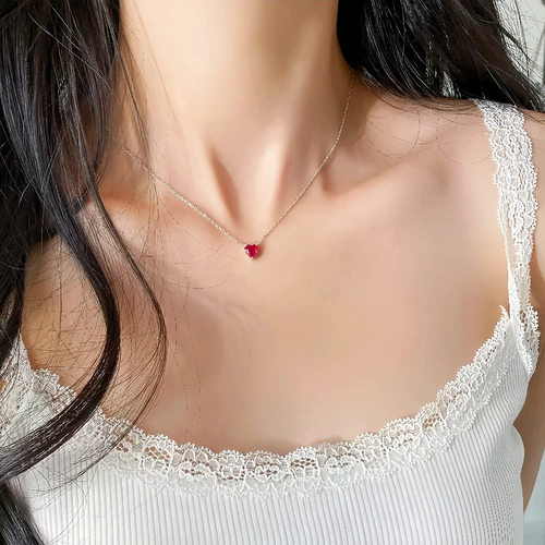 PURE简约mini爱心吊坠项链女桃心简约S925纯银镀14K金红锆锁骨链