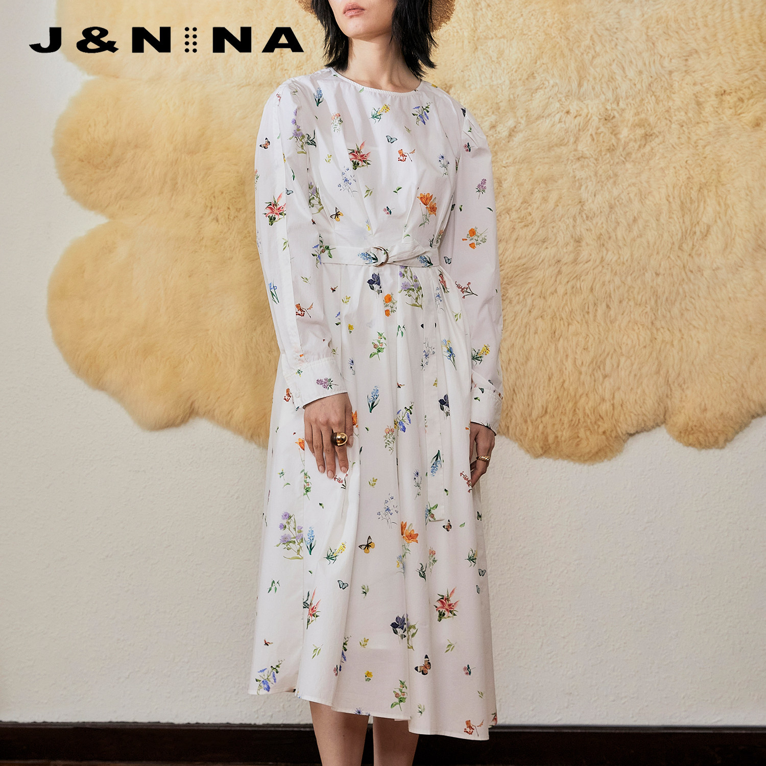 J＆NINA夏季连衣裙子女新款宽松系带印花长裙法式复古女装