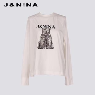 J＆NINA捷恩尼纳 2025秋季新款 北极熊绣花圆领插件长袖T恤上衣女