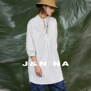 J＆NINA復古刺繡襯衫 T恤衫 寬松防曬罩衫 上衣 女夏透氣全棉七分袖