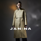 J＆NINA全棉中长款 风衣外套女系带英伦风大衣春秋新款 透气