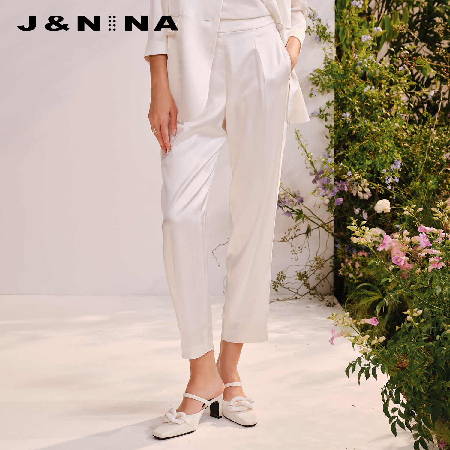 J＆NINA高腰小脚铅笔裤女夏季薄款新款纯色高级感品牌欧货