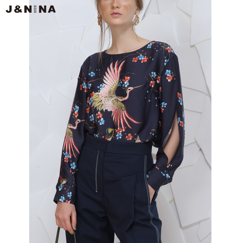 jnina捷恩尼納郭佩玲春夏新品東方文化元素印花直筒長袖T恤衫