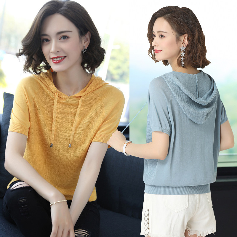 带帽短袖丅t恤女2020新款卫衣连帽宽松冰丝针织40四十岁5薄款夏季