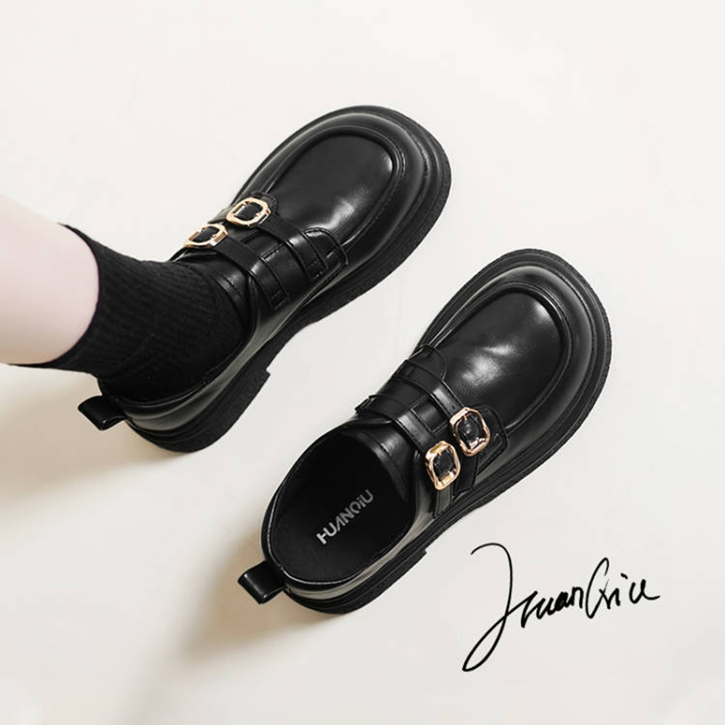 环球小皮鞋女鞋黑色一脚蹬配裙子乐福鞋英伦风粗跟女款百搭单鞋子