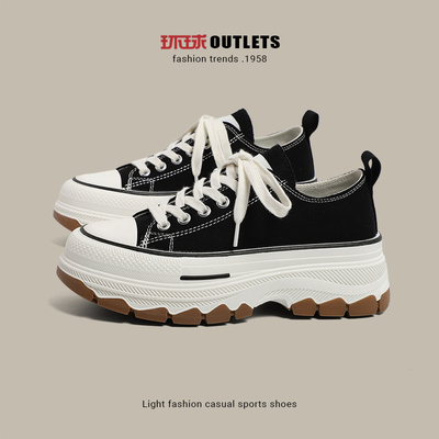 环球帆布鞋女款厚底软底不累脚低帮圆头松糕鞋透气黑色休闲板鞋