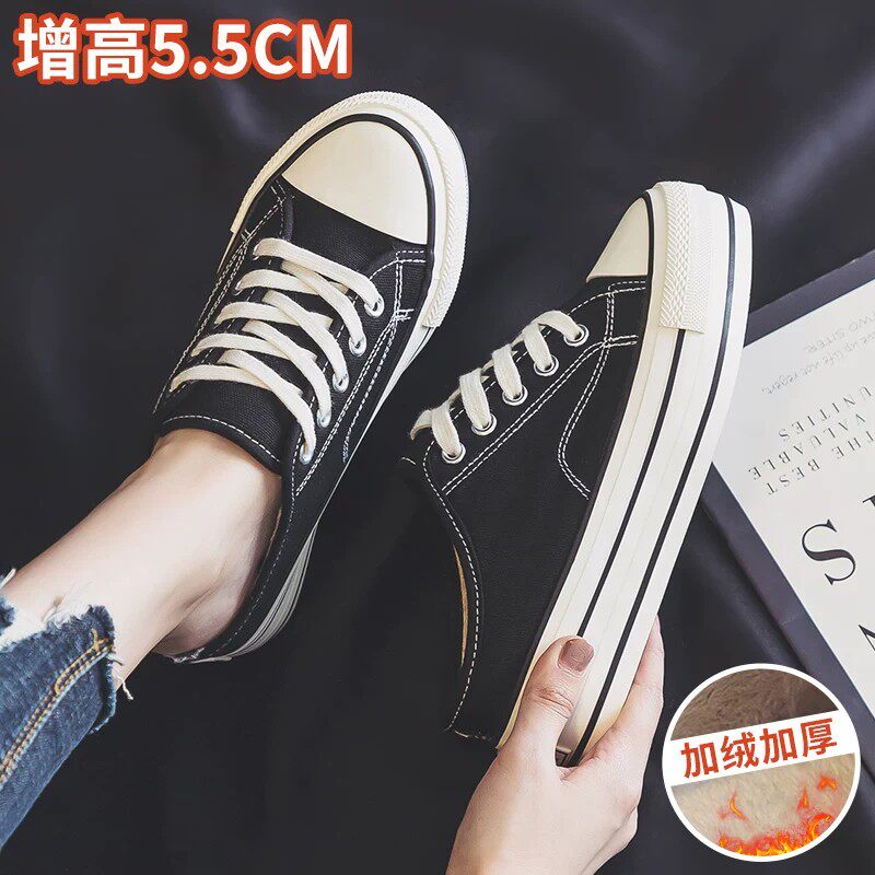 秋冬新款加绒帆布鞋女保暖半拖鞋懒人一脚蹬二棉鞋内增高黑色板鞋