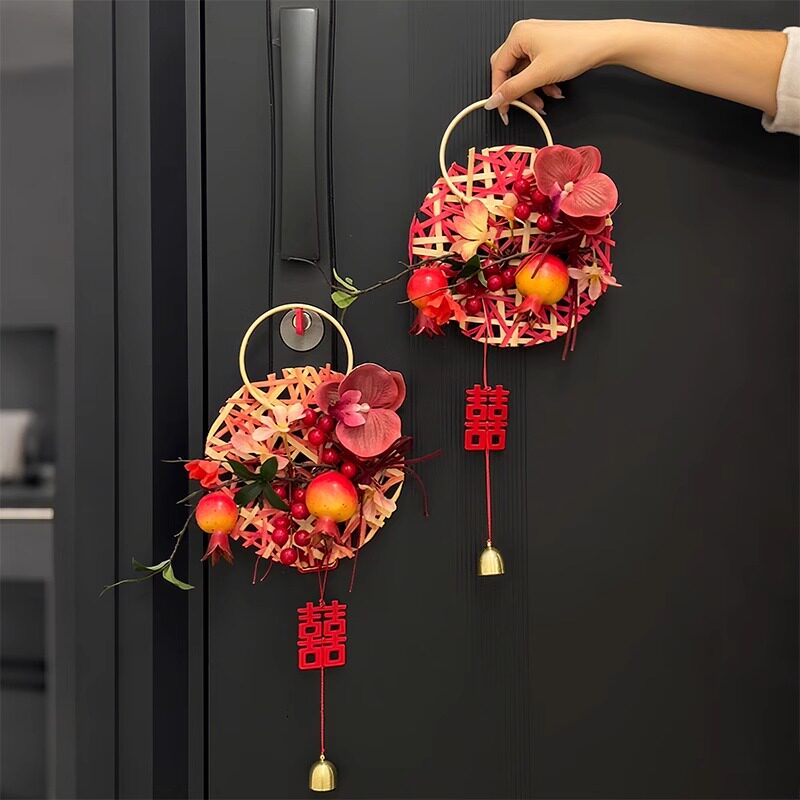 喜字花环门把手挂件结婚卧室挂饰