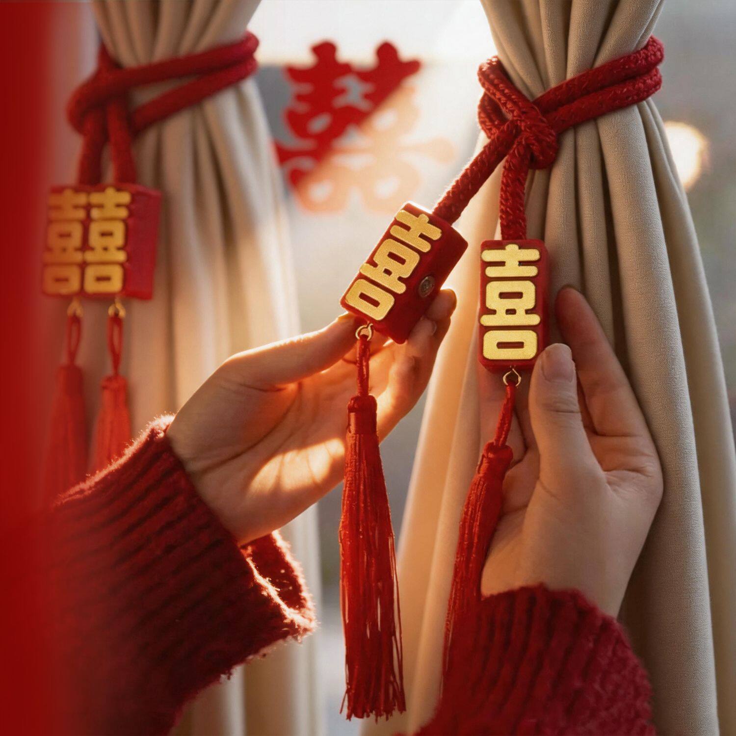 婚房窗帘绑带一对喜字拉花