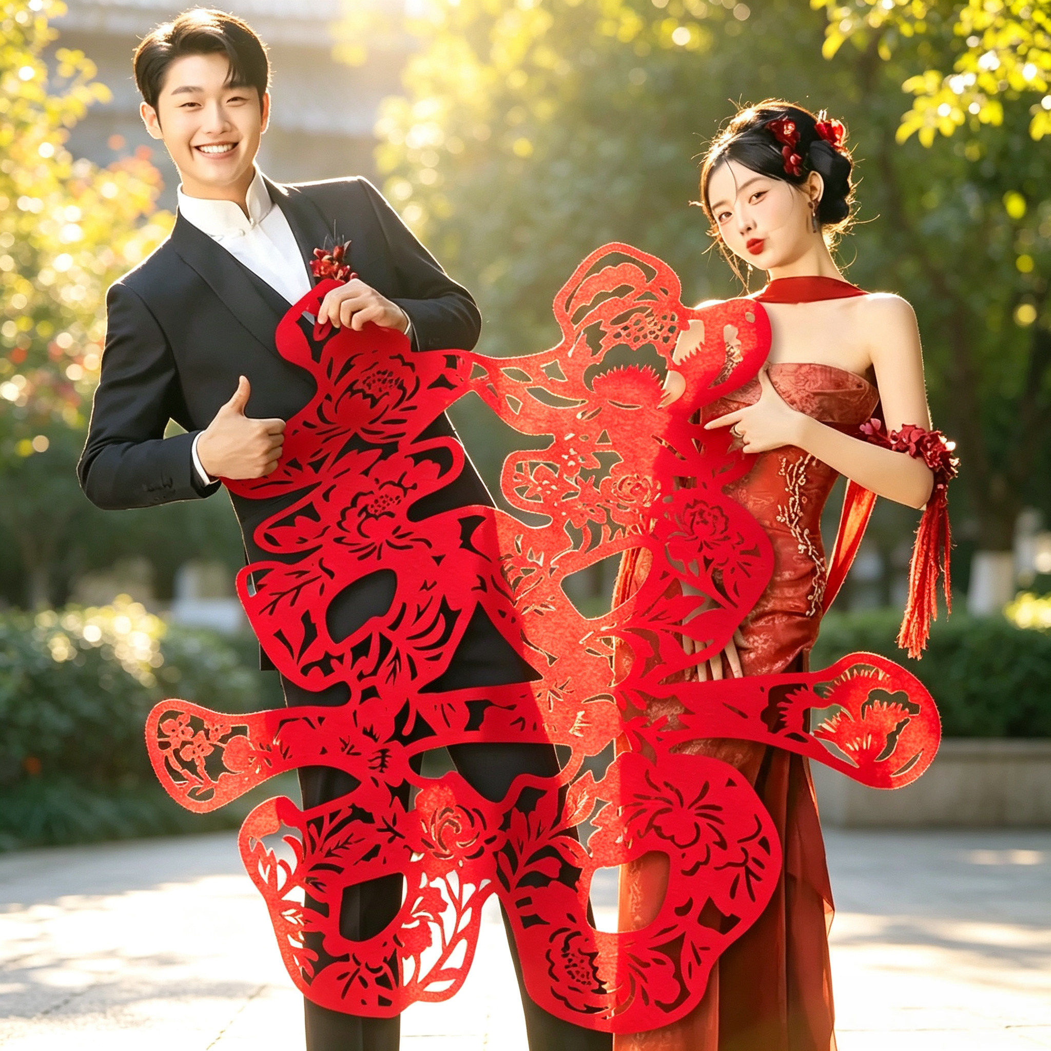 结婚订婚拍照镂空剪纸龙凤喜字