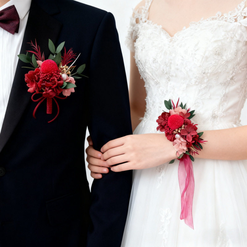 赴优红色婚礼胸花腕花套装