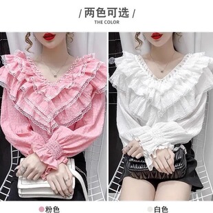 重工钉珠镶钻甜美立体花朵装饰木耳花边拼接V领套头气质百搭衬衫