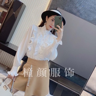 重工钉珠木耳边法式 上衣女2025春秋小高领气质百搭衬衣 宫廷风衬衫