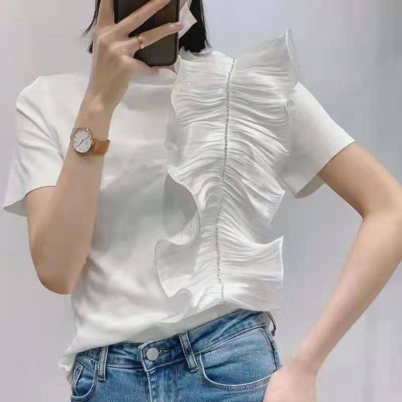 2025夏装新款荷叶边T桖女短袖时尚气质设计感搭修身长袖小众上衣