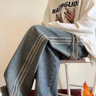 V37美式cleanfit牛仔裤男款2024秋冬新款青少年加绒加厚直筒裤子