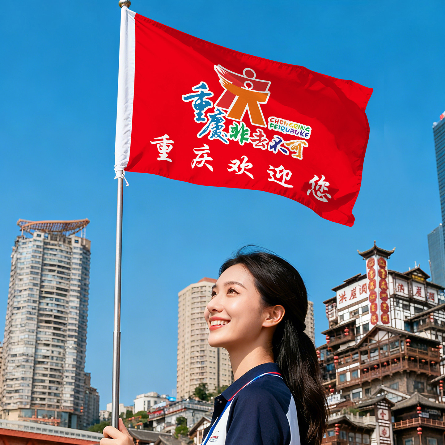 重庆欢迎您红色旗帜定制爬山旅游拍照旗重庆非去不可大旗导游旗