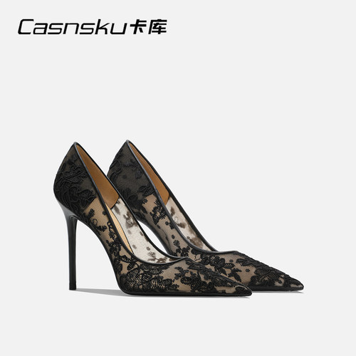CASNSKU卡库 黑色镂空网纱尖头高跟鞋细跟气质蕾丝刺绣单鞋不累脚