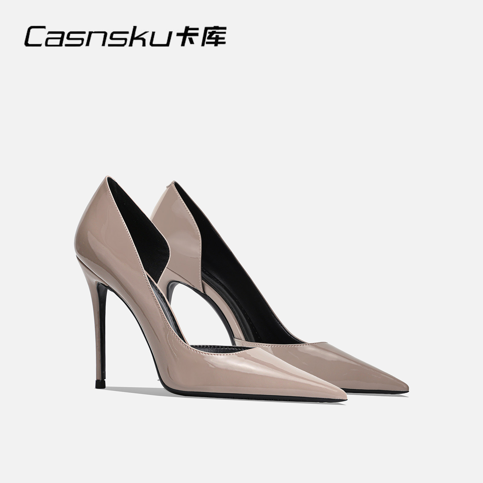 CASNSKU卡库 大象灰漆皮侧空高跟鞋女细跟尖头浅口单鞋不累脚气质