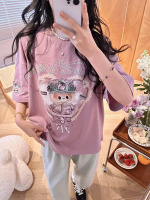 夏季短袖Pandawarks熊猫纸袋家纯棉拉布布无感印花宽松半袖T恤女