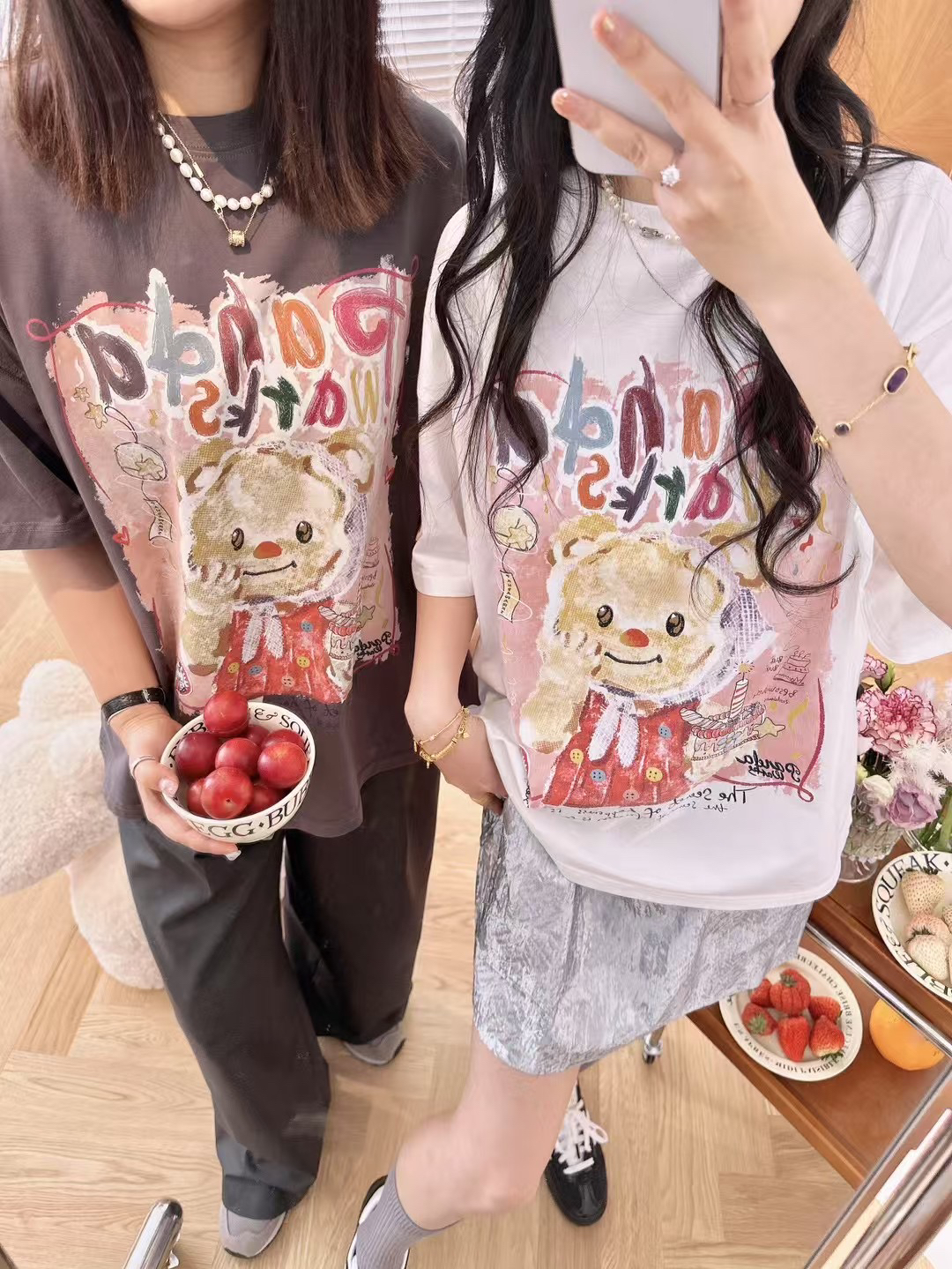 Pandawarks熊猫纸袋家夏季纯棉涂鸦生日熊宽松短袖T恤百搭上衣女