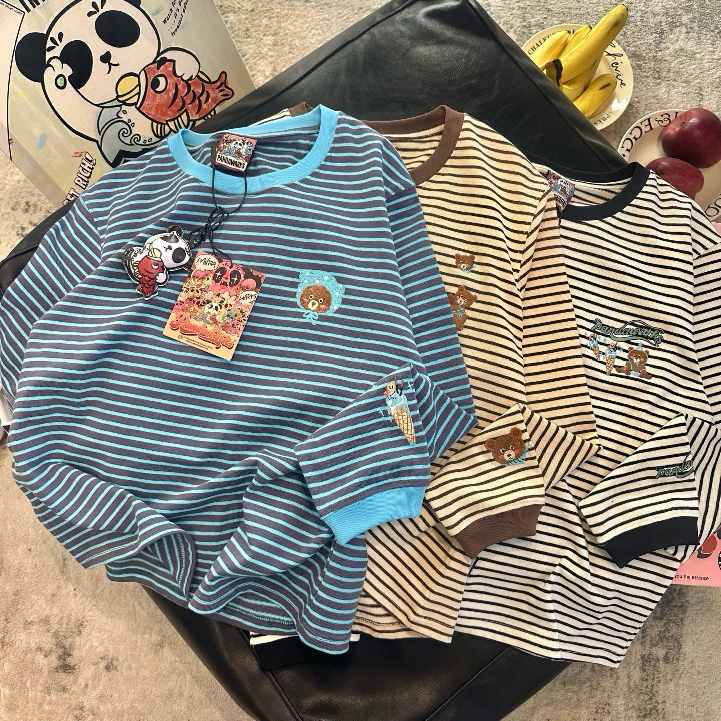 小熊经典条纹Pandawarks熊猫纸袋家秋款软糯纯棉刺绣长袖T恤宽松,女装/女士精品,T恤,淘宝优惠券,粉丝福利购,淘宝优惠卷