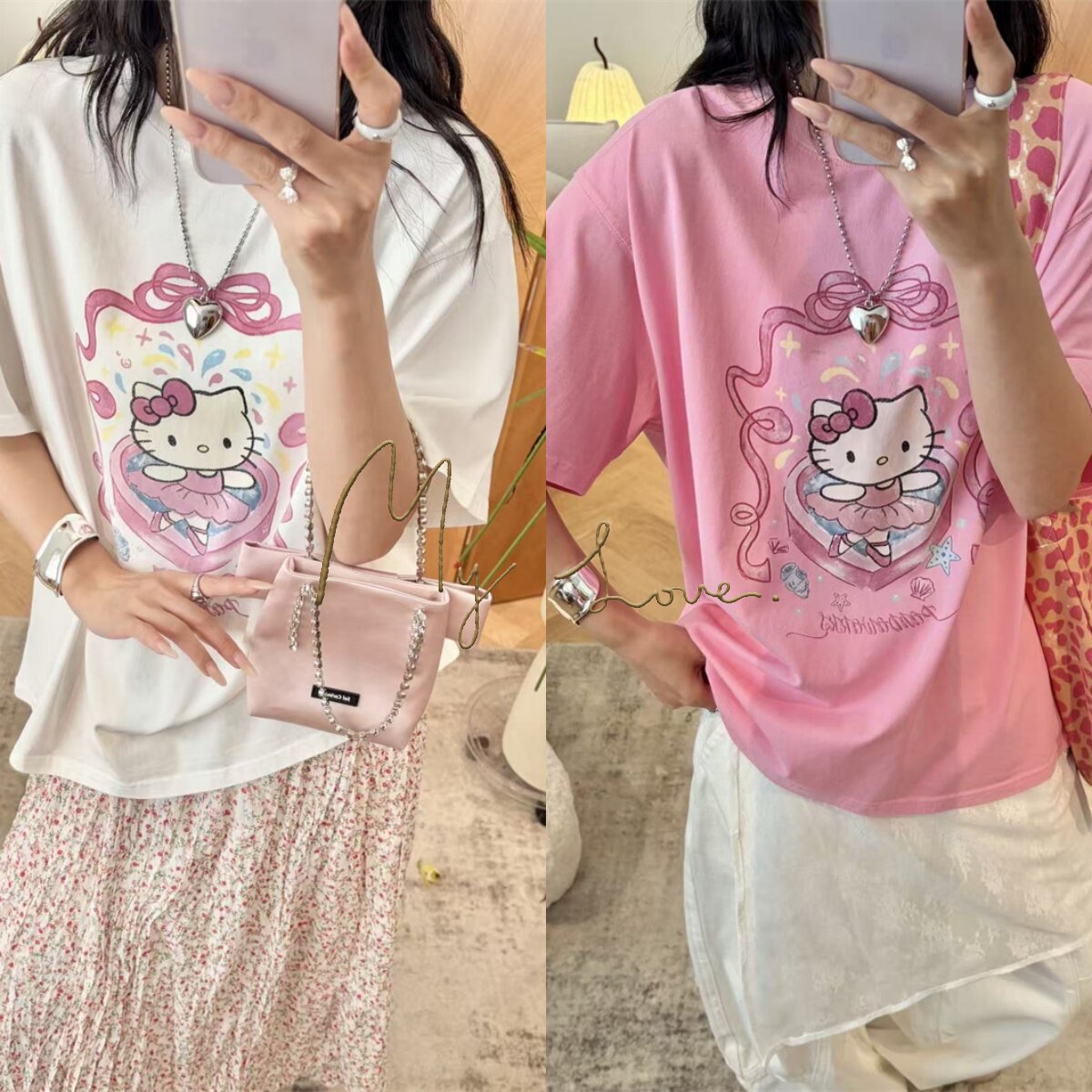 Pandawarks熊猫纸袋 甜美kitty小清新学生全棉短袖宽松少女T恤粉