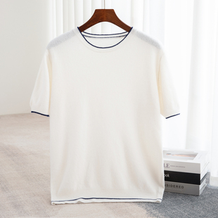 26春秋冬百搭纯羊毛半袖男士圆领短袖针织打底衫休闲拼色t恤背心
