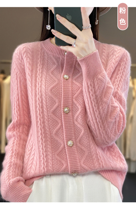 100纯羊毛开衫女秋冬加厚宽松大码短款减龄针织衫毛衣外套上衣