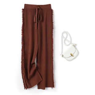 23年新精仿纯羊毛高腰宽松休闲针织阔腿裤毛边流苏外穿羊毛裤女