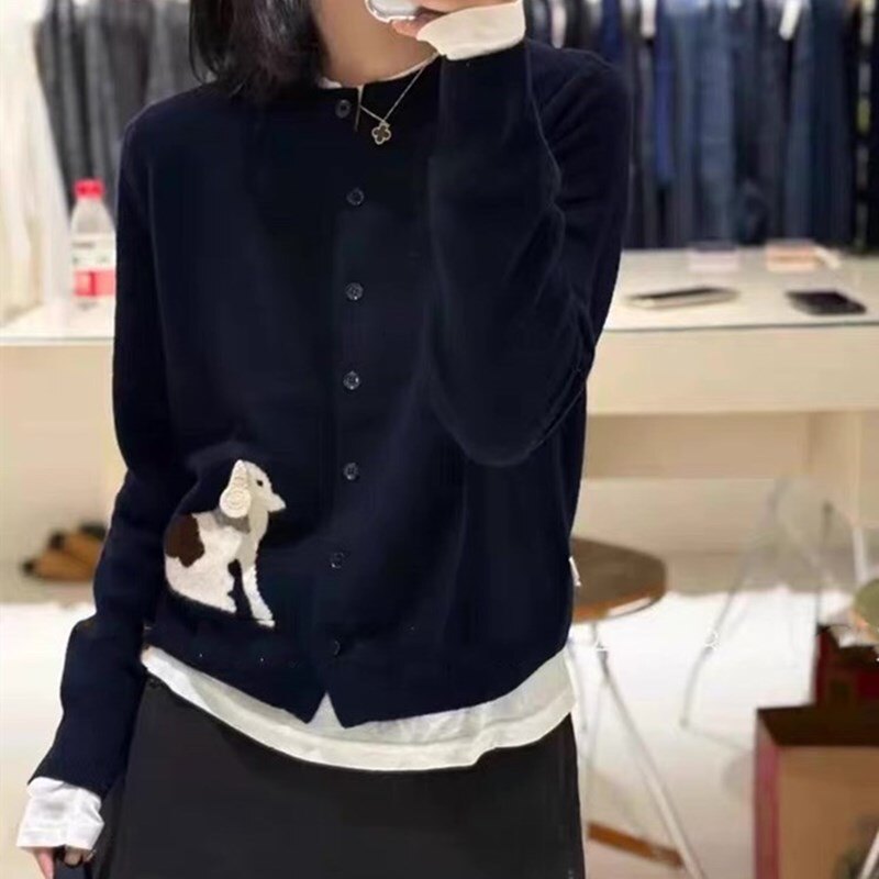 26春秋冬新100纯羊毛衫圆领针织开衫女卡通小狗刺绣毛衣外套上衣