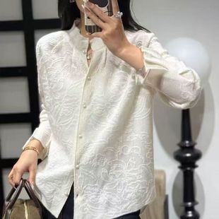 26夏春秋款花边领欧根纱衬衫立领套头上衣开衫外套提花女衬衣