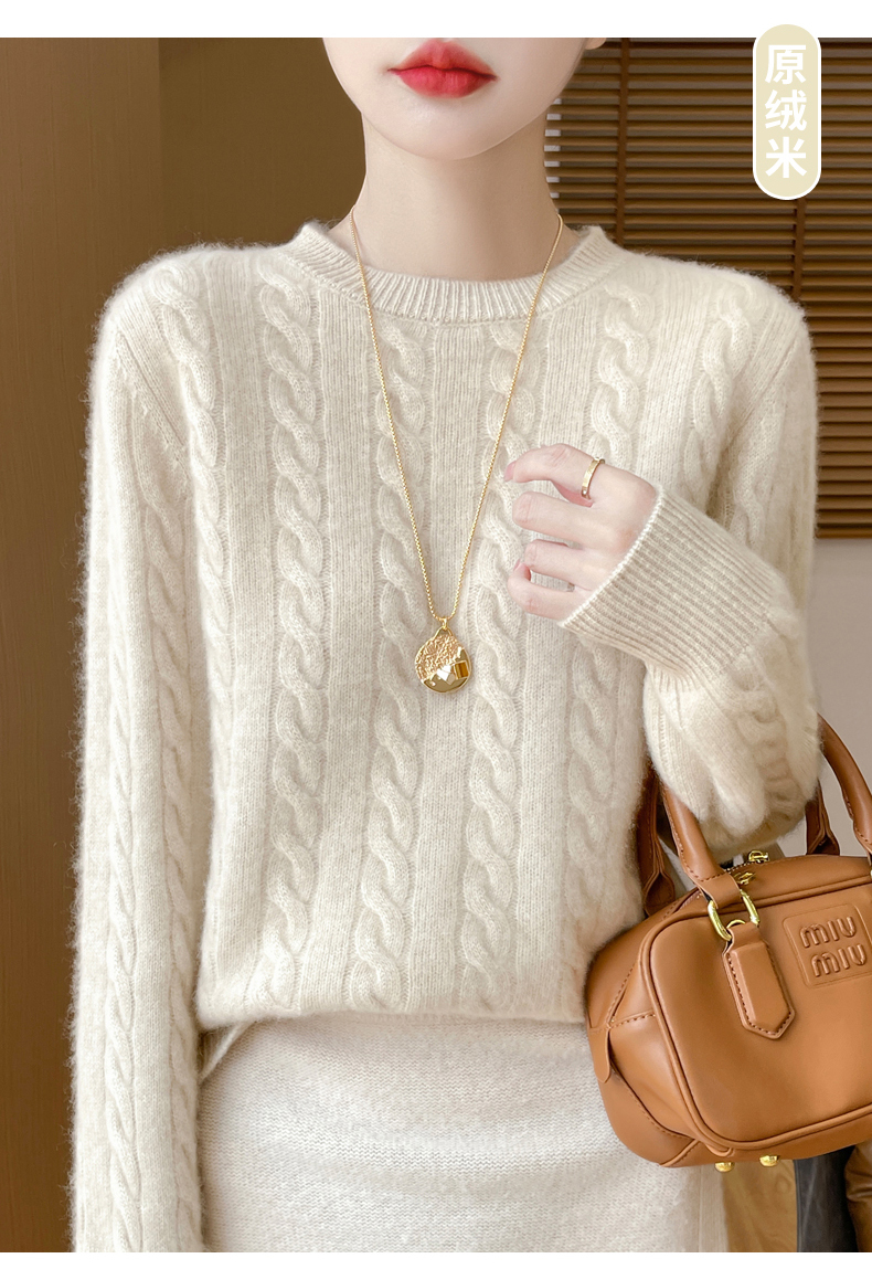 25春秋冬100%纯羊毛衫女扭花圆领套头毛衣刺绣麻花针织衫百搭上衣